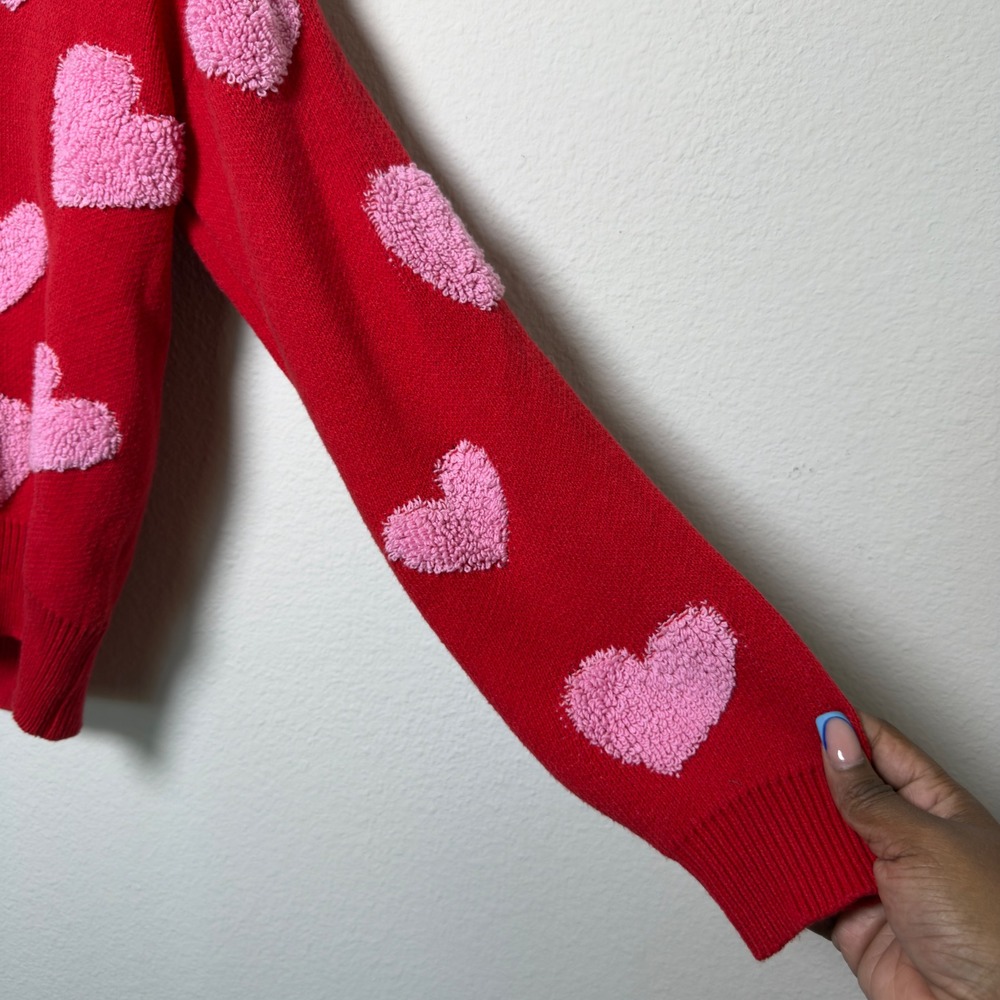 33 Degrees Women Cardigan Sweater Medium Red Pink Fuzzy‎ Heart Preppy Novelty - Picture 4 of 9
